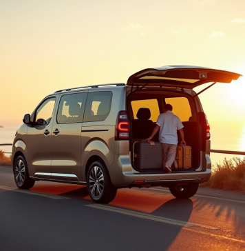 Peugeot Rifter 7 places au lever du soleil en bord de mer