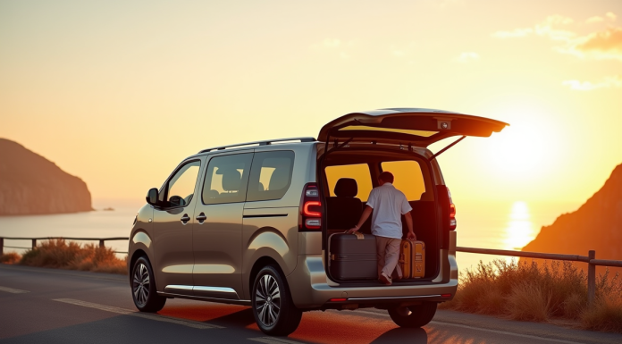 Peugeot Rifter 7 places au lever du soleil en bord de mer