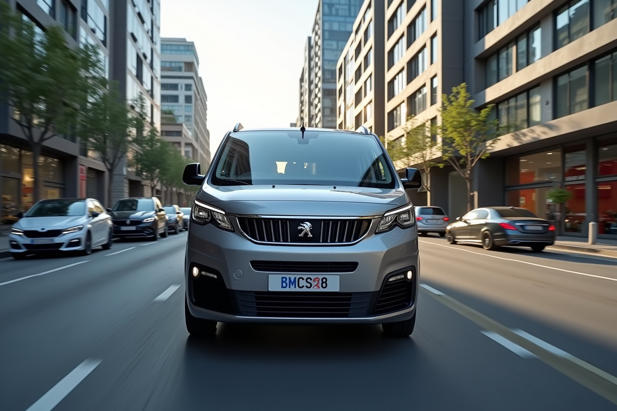 Peugeot Rifter en ville avec bâtiments modernes en mouvement