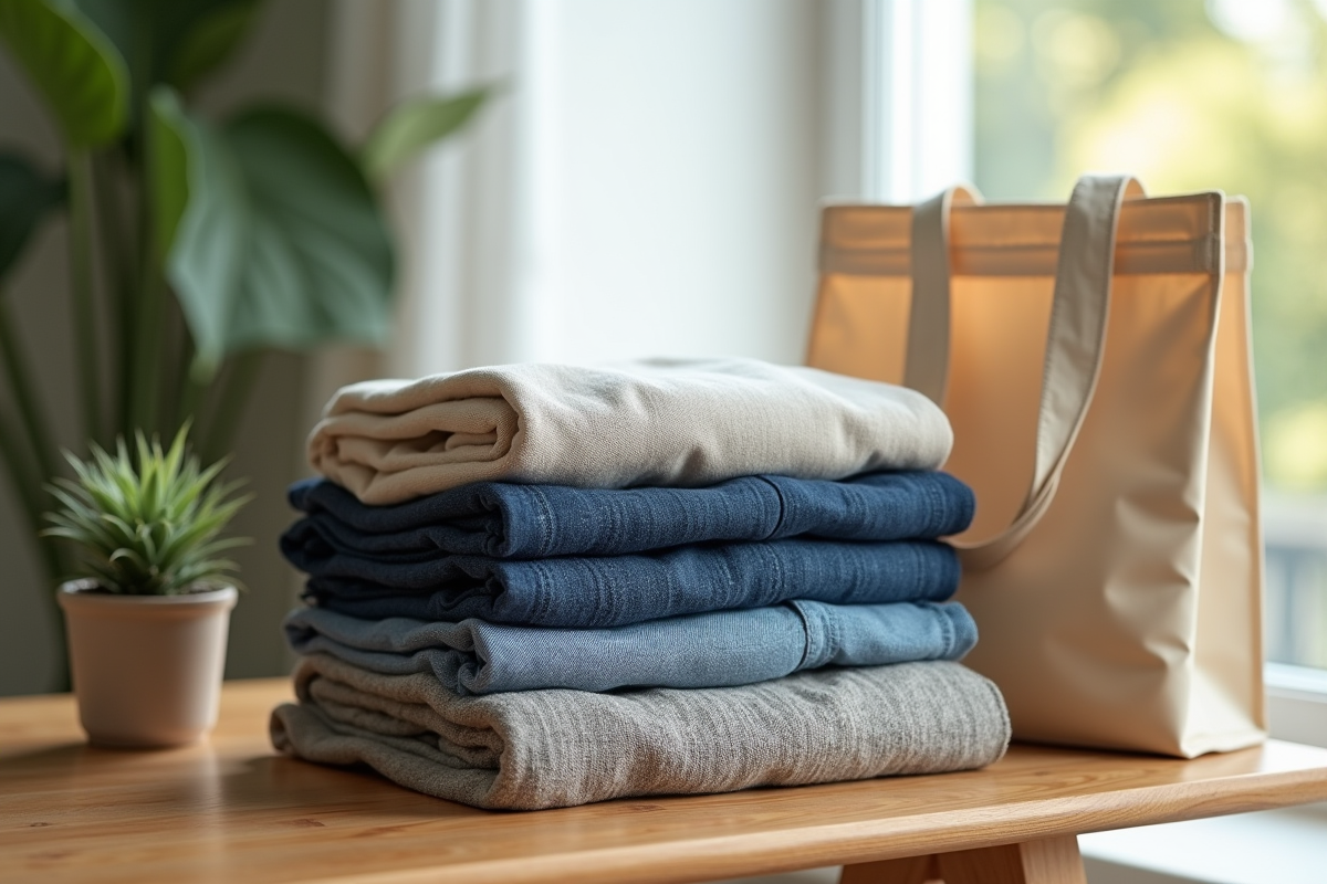 Pile de vêtements durables avec sacs réutilisables et plante verte