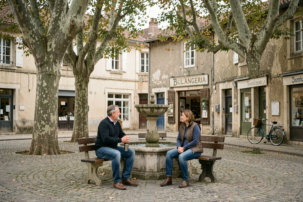 Place du village de Saralbe avec fontaine en pierre, arbres centenaires et habitants discutant sur un banc