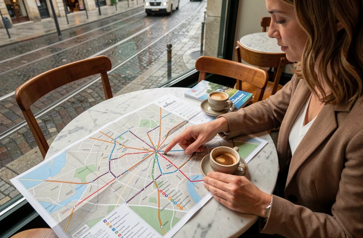 Femme consultant le plan des lignes de tramway E et F de Bordeaux dans un café avec vue sur les rails