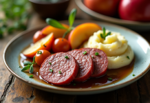 Assiette gourmande de boudin noir avec pommes caramélisées