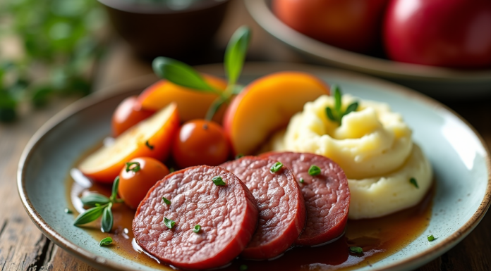 Assiette gourmande de boudin noir avec pommes caramélisées