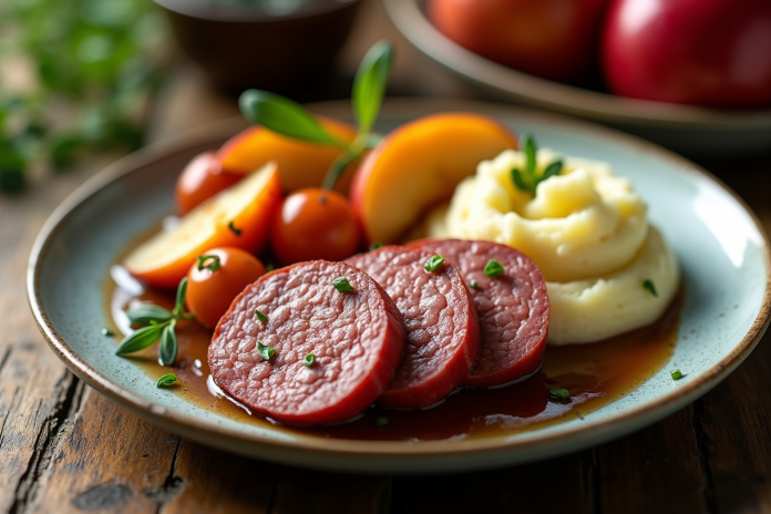 Assiette gourmande de boudin noir avec pommes caramélisées