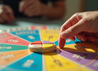 Le nombre de cases dans un jeu de Trivial Pursuit : analyse du parcours de jeu Zoom sur le plateau de Trivial Pursuit avec pièces colorées et main en action