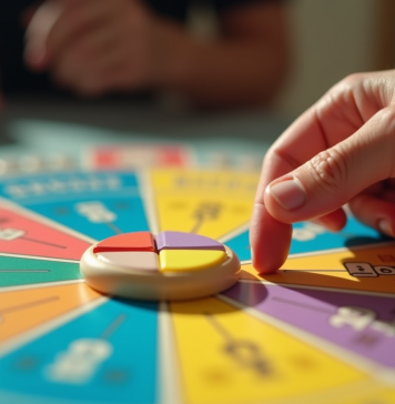 Zoom sur le plateau de Trivial Pursuit avec pièces colorées et main en action