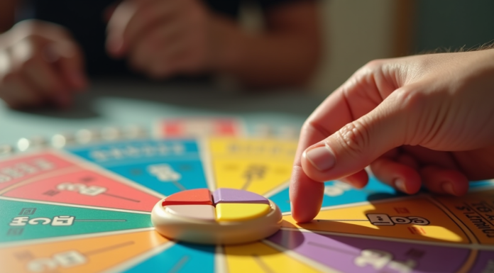 Zoom sur le plateau de Trivial Pursuit avec pièces colorées et main en action