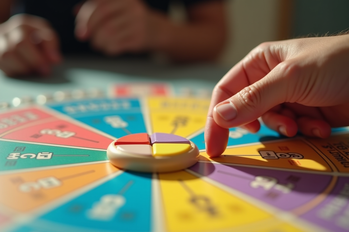 Zoom sur le plateau de Trivial Pursuit avec pièces colorées et main en action