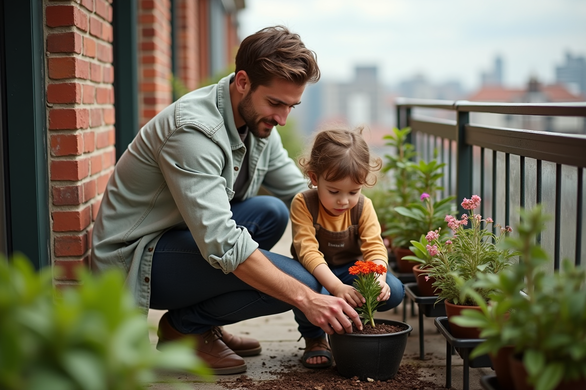 Père et enfant plantant des fleurs sur un balcon urbain