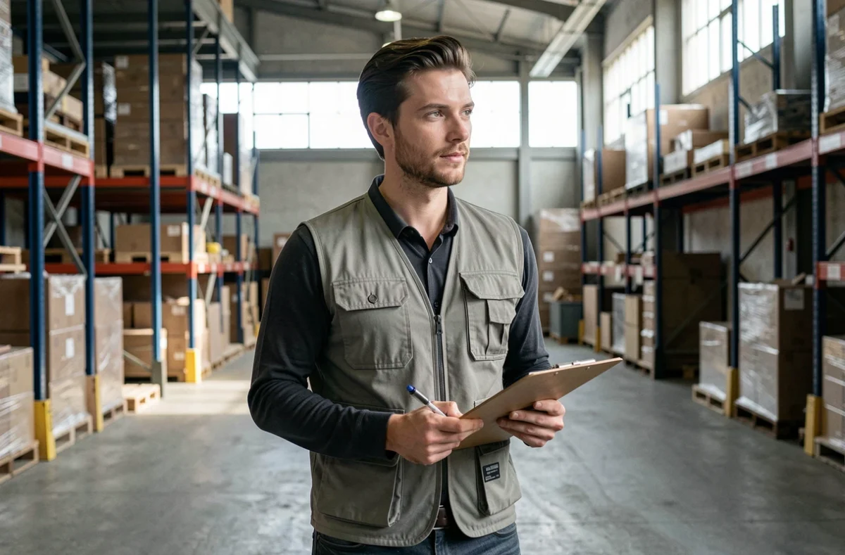 Travailleur en profession intermédiaire supervisant des opérations dans un entrepôt industriel avec un presse-papiers