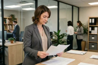 Femme cadre intermédiaire consultant des documents dans un bureau moderne, illustrant les professions intermédiaires