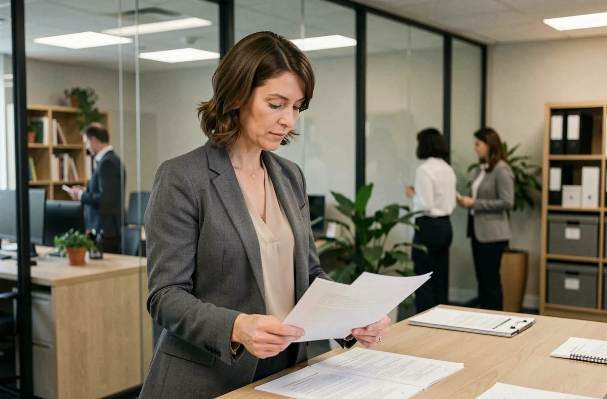 Femme cadre intermédiaire consultant des documents dans un bureau moderne, illustrant les professions intermédiaires