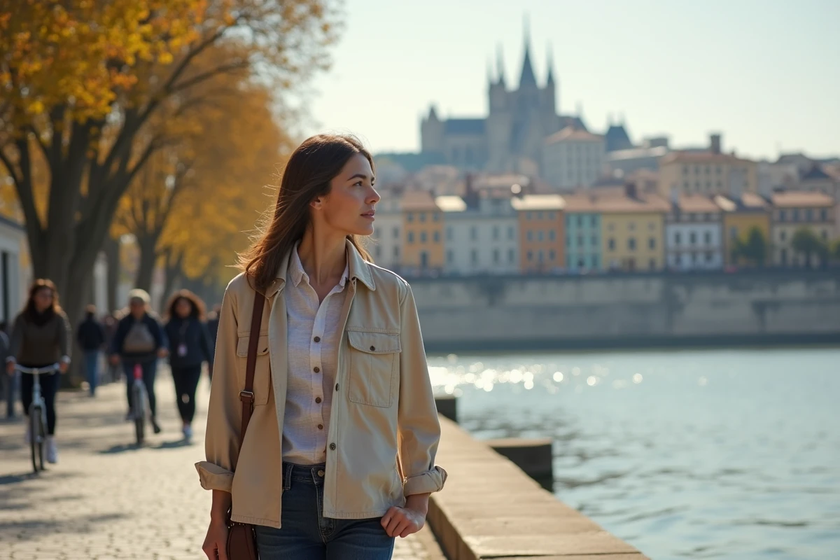 Femme se promenant à pied sur les quais de Saône à Lyon près de la Presqu'île un dimanche matin