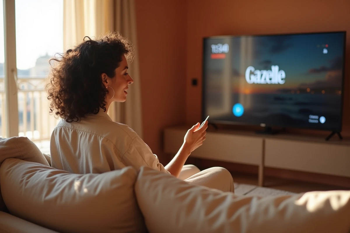 Femme écoutant Radio Gazelle en direct sur une smart TV dans un appartement marseillais