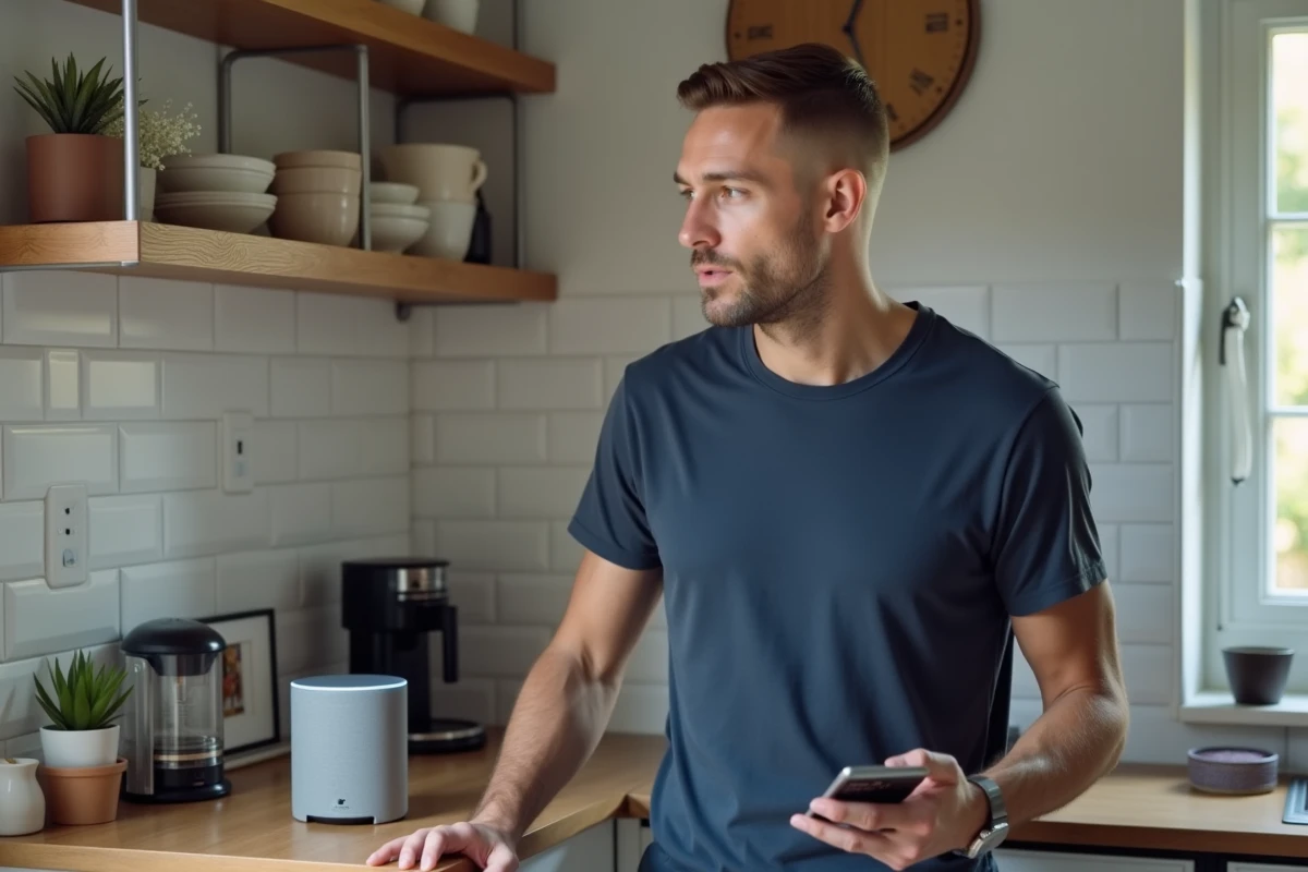 Homme écoutant Radio Gazelle sur une enceinte wifi connectée dans une cuisine moderne