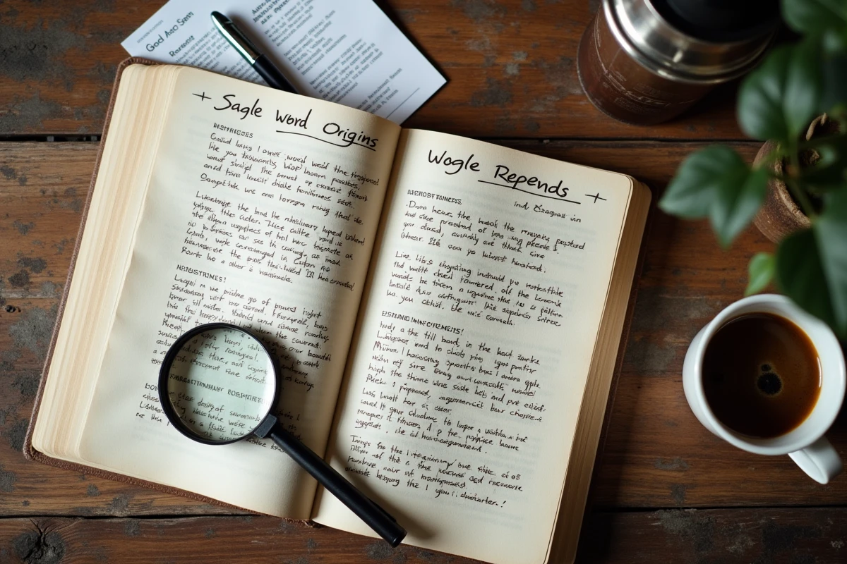 Flatlay de notes de recherche manuscrites, loupe vintage et rapport Google Trends sur une table en bois