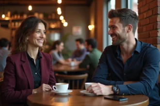 Femme mature et jeune homme en conversation complice dans un café urbain, illustrant les rencontres cougar sérieuses