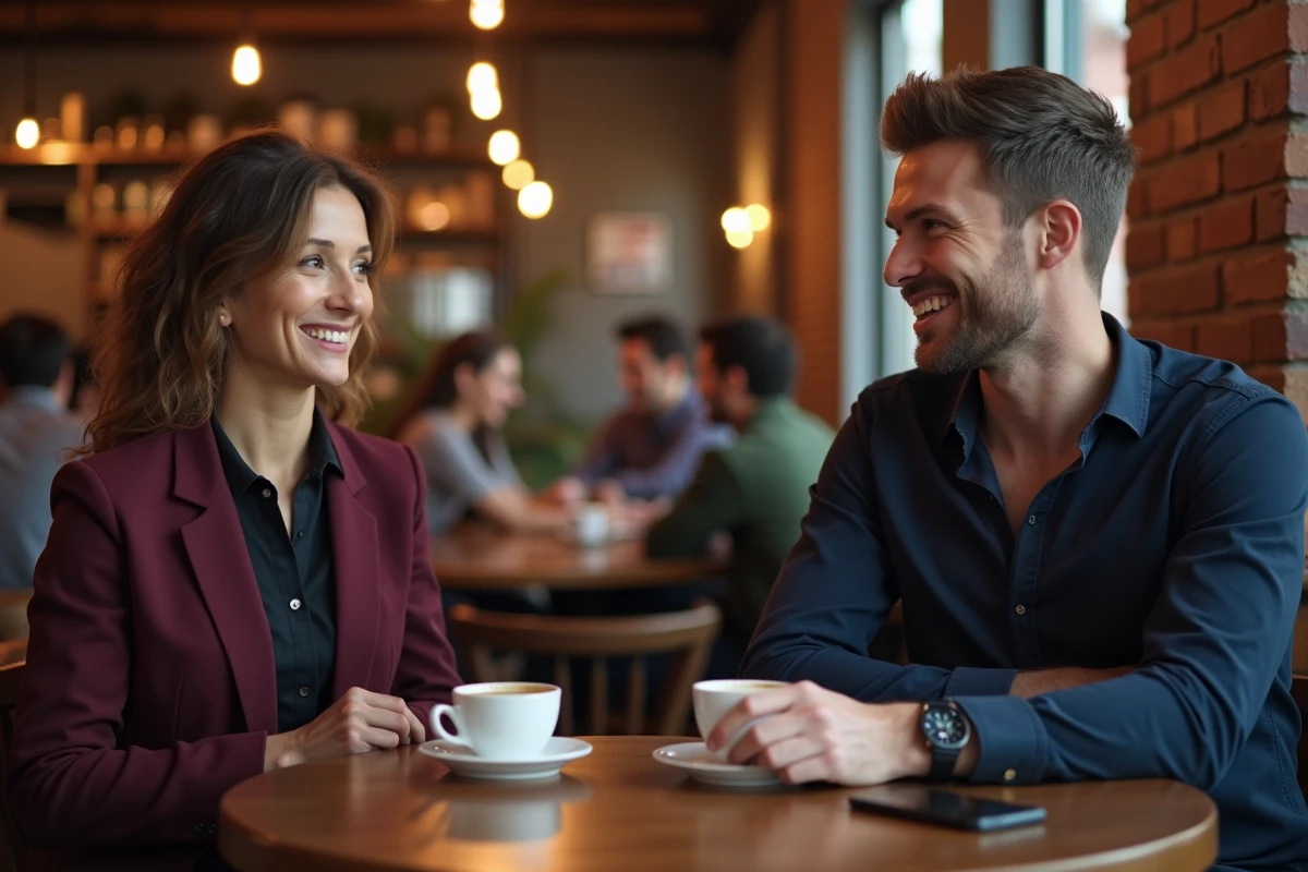Femme mature et jeune homme en conversation complice dans un café urbain, illustrant les rencontres cougar sérieuses