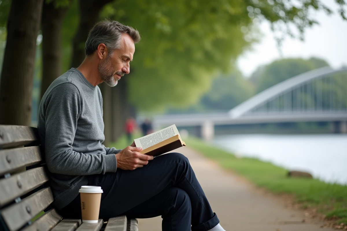 Homme lisant un livre sur un banc dans le parc des Berges du Rhône à Lyon lors d'une promenade dominicale