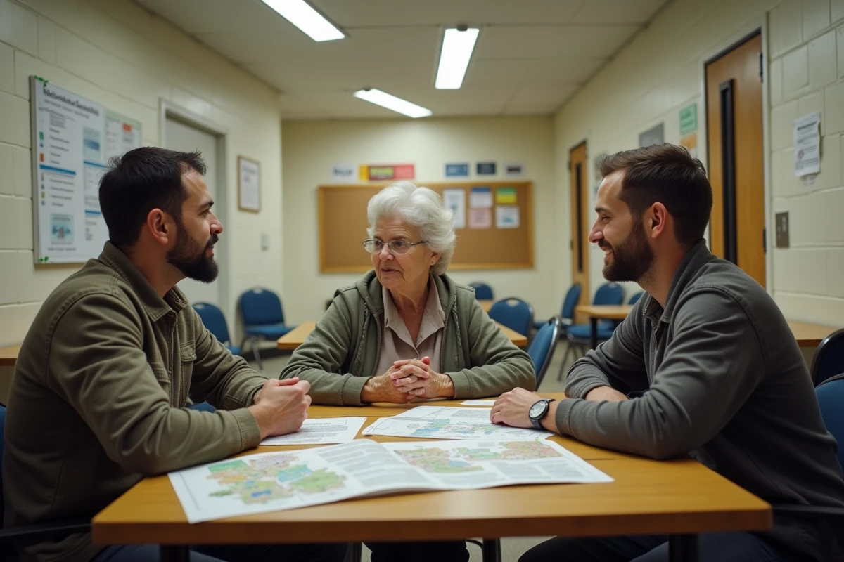 Un groupe de résidents de différentes générations discutent autour d'une table dans une salle communautaire, analysant des cartes de quartier pour évaluer leur cadre de vie réel