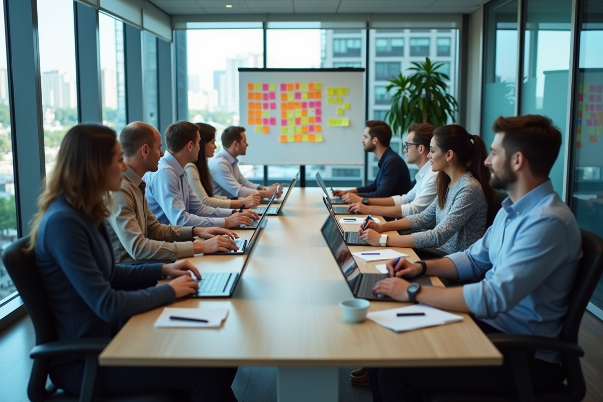Équipe en réunion brainstorming avec ordinateurs et notes
