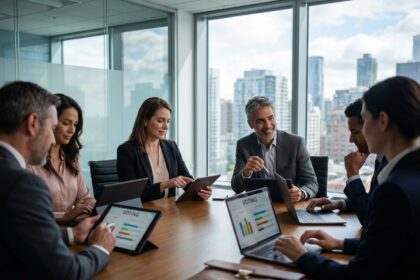 Professionnels discutant de la digitalisation des processus électoraux en entreprise