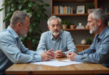 Trois adultes en discussion dans un bureau à domicile chaleureux