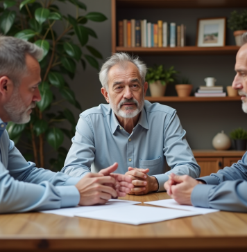 Trois adultes en discussion dans un bureau à domicile chaleureux