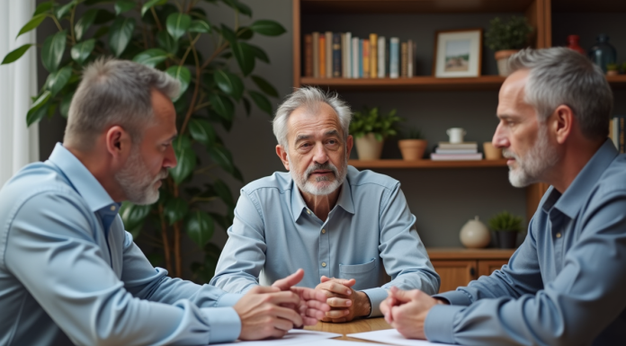 Trois adultes en discussion dans un bureau à domicile chaleureux