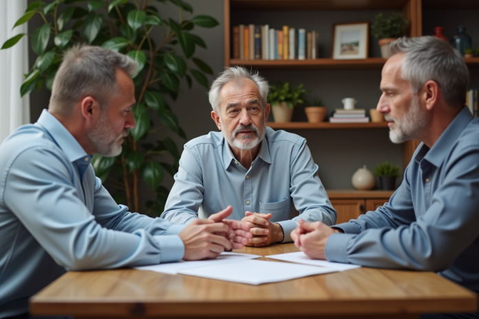 reunion-travail-domicile Trois adultes en discussion dans un bureau à domicile chaleureux