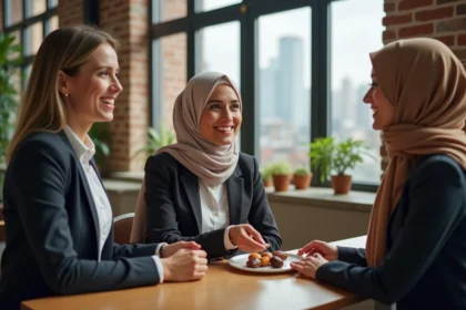 Collègues de travail échangeant des vœux Saha Ftourek dans un bureau moderne, illustrant le respect interculturel pendant le Ramadan