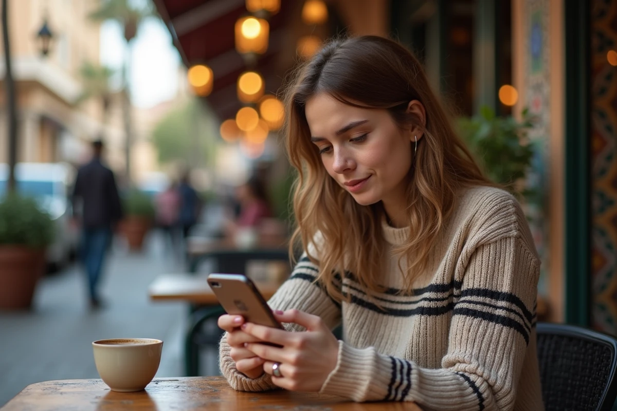 Une jeune femme non-musulmane hésite avant de répondre à un message Saha Ftourek sur son téléphone dans un café animé