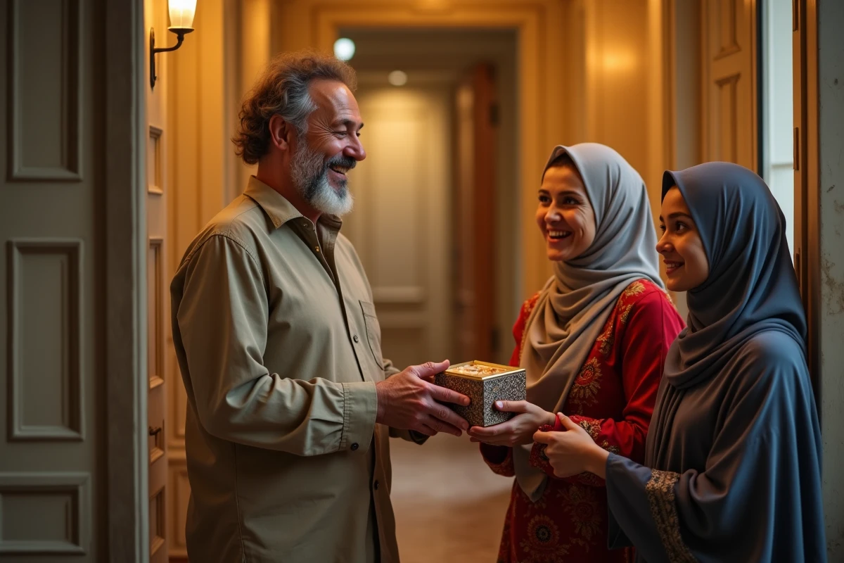Un voisin non-musulman offre des pâtisseries à une famille musulmane dans un couloir parisien pour souhaiter Saha Ftourek