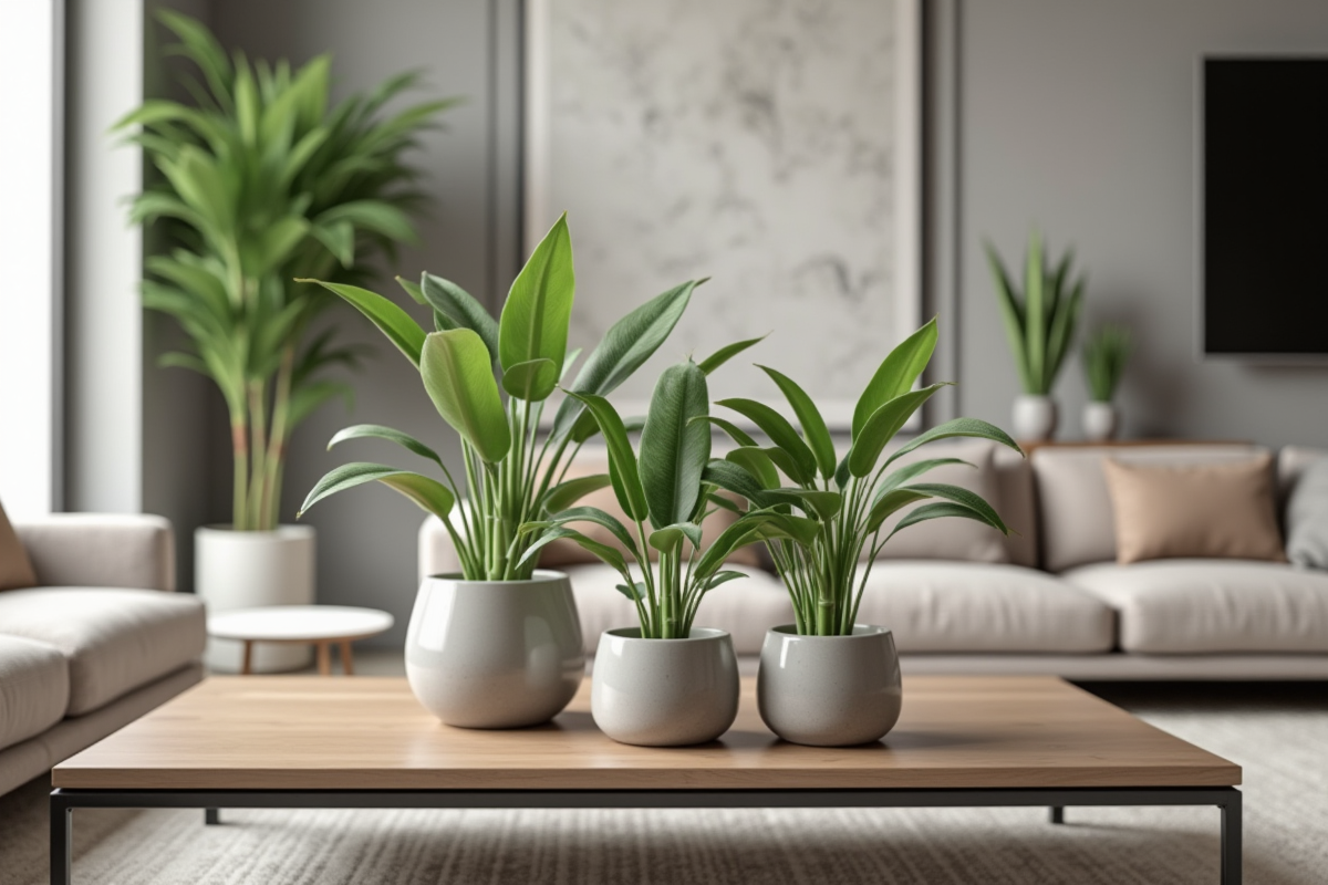 Salon moderne avec bambous en pot minimaliste sur la table