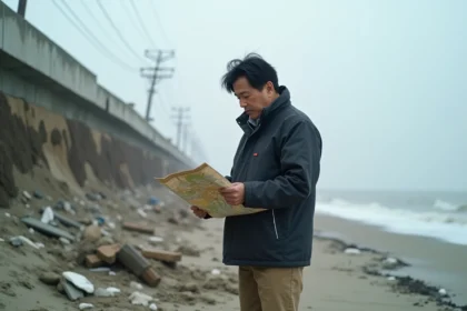 Seismologue japonais devant digue endommagée en mer
