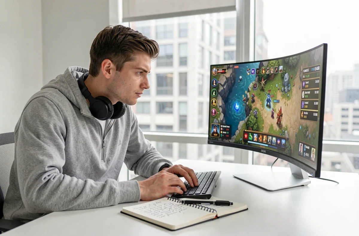 Joueur solo planifiant une stratégie d'XP Chasseur en équipe sur un moniteur ultrawide avec notes manuscrites
