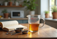 Table de cuisine en bois avec un verre mesureur de 500 ml et un livre de recettes françaises