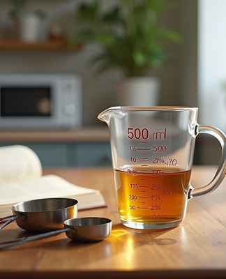 Table de cuisine en bois avec un verre mesureur de 500 ml et un livre de recettes françaises