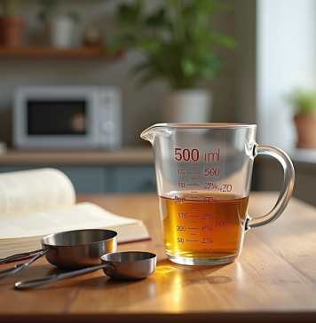 Table de cuisine en bois avec un verre mesureur de 500 ml et un livre de recettes françaises