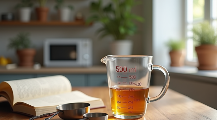 Table de cuisine en bois avec un verre mesureur de 500 ml et un livre de recettes françaises