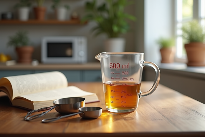 Table de cuisine en bois avec un verre mesureur de 500 ml et un livre de recettes françaises