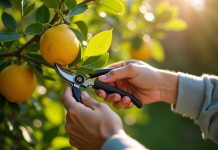 Personne taillant un citronnier en plein jour avec des feuilles vertes et citrons