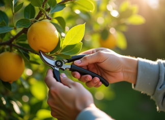 Personne taillant un citronnier en plein jour avec des feuilles vertes et citrons