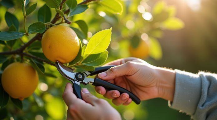 Personne taillant un citronnier en plein jour avec des feuilles vertes et citrons