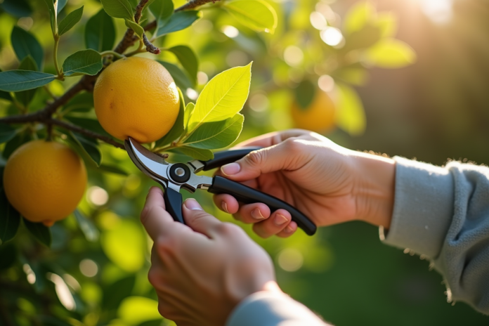 taille-citronnier-pruning Personne taillant un citronnier en plein jour avec des feuilles vertes et citrons