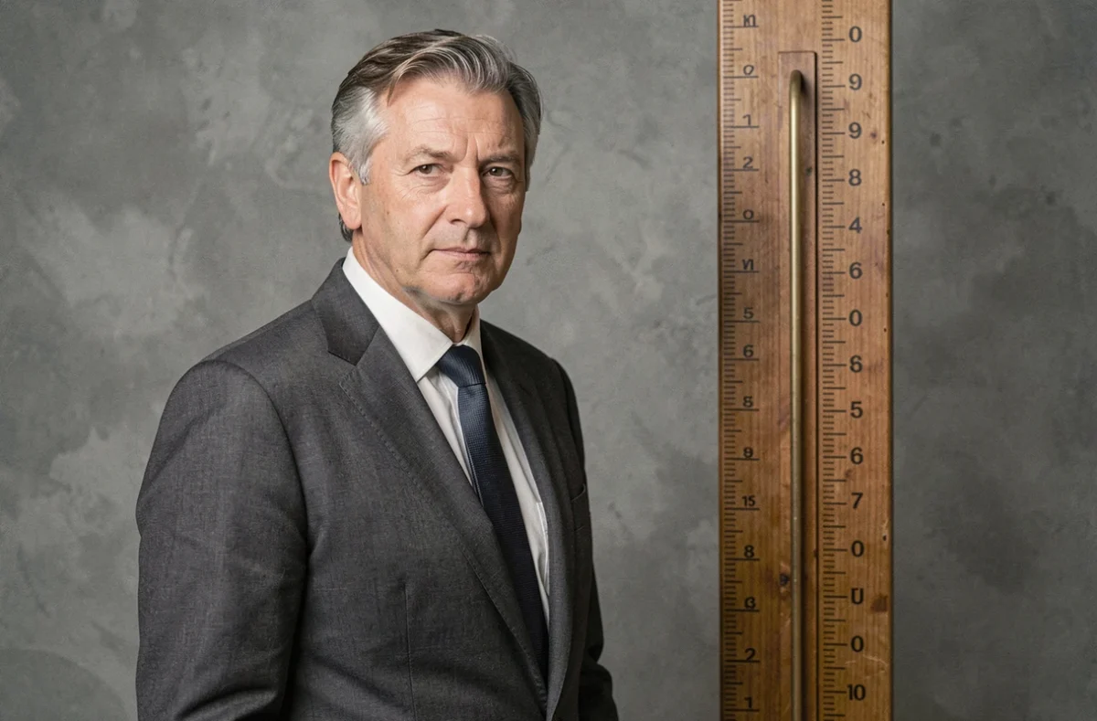 Acteur français grand et distingué en costume gris anthracite posant à côté d'une règle de mesure, référence visuelle à la taille et à la morphologie de Marc Lavoine