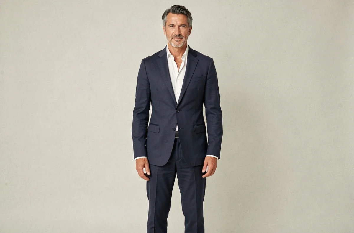 Portrait en pied d'un homme grand et élégant aux cheveux gris argenté en blazer bleu marine, illustrant la morphologie et la taille de Marc Lavoine