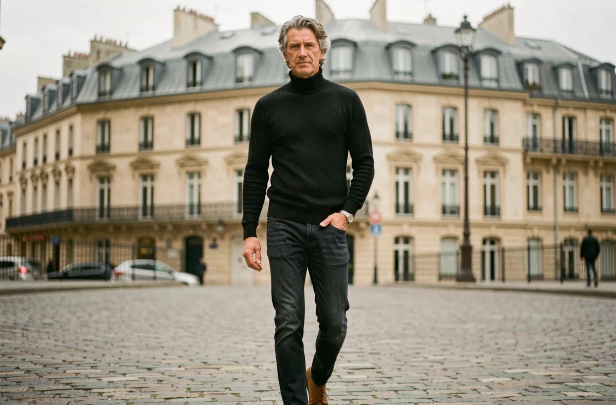 Homme grand et élancé aux cheveux poivre et sel en pull col roulé noir et jean sombre sur un trottoir parisien, évoquant le style et la stature de Marc Lavoine