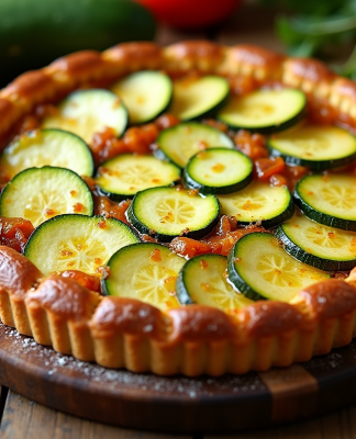 Tarte courgette fraîche sur table en été